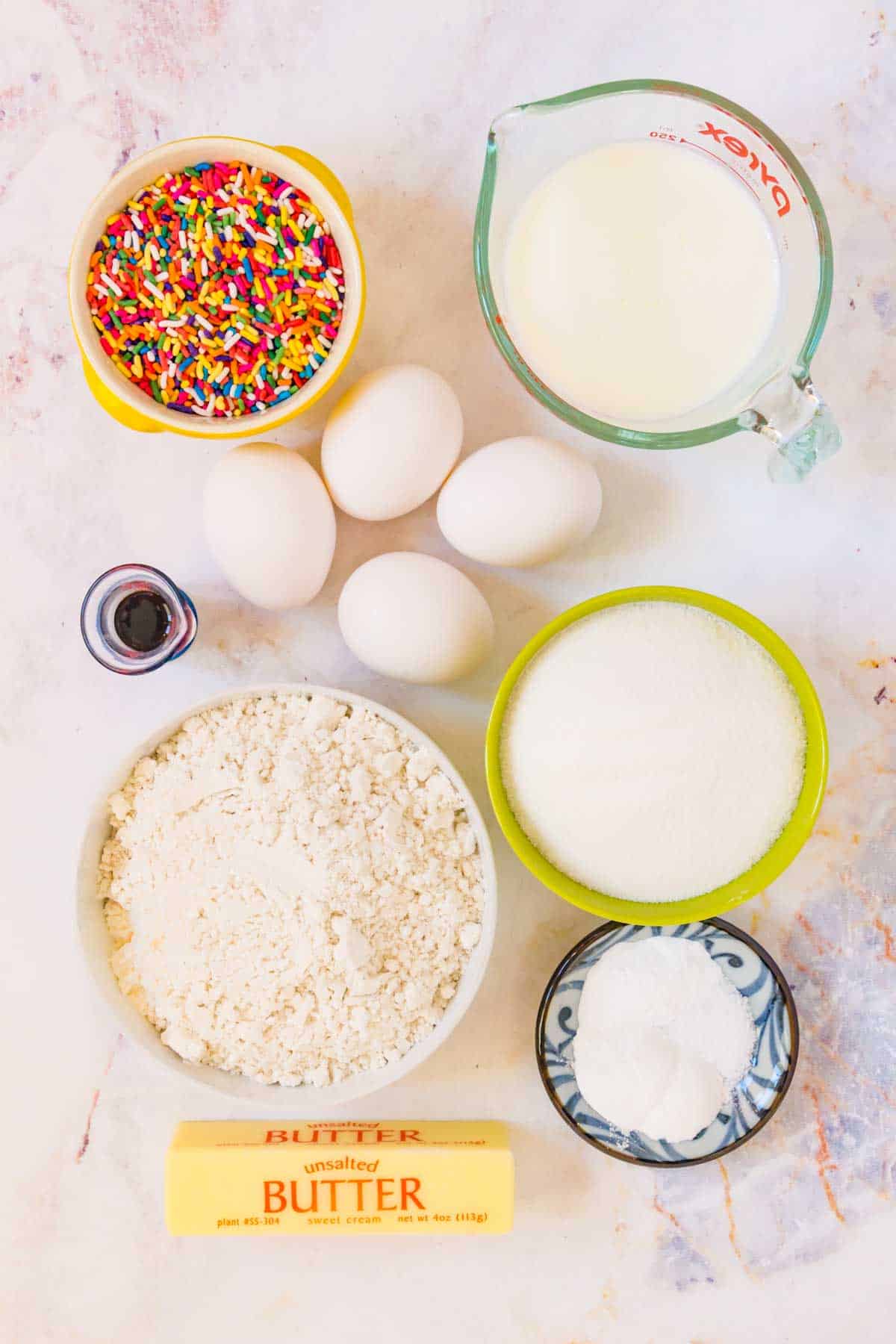 The ingredients for gluten free funfetti cake.