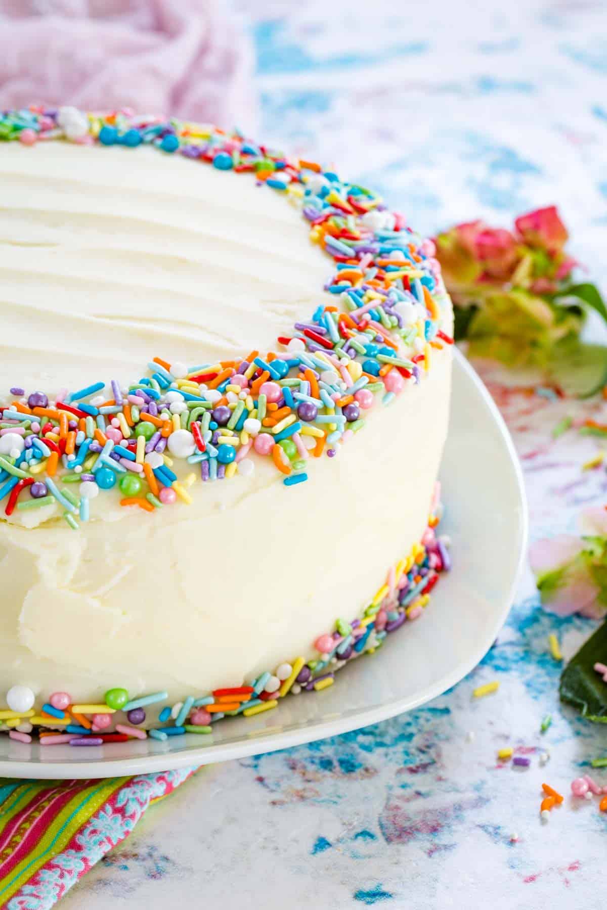 A frosted funfetti cake on a plate.