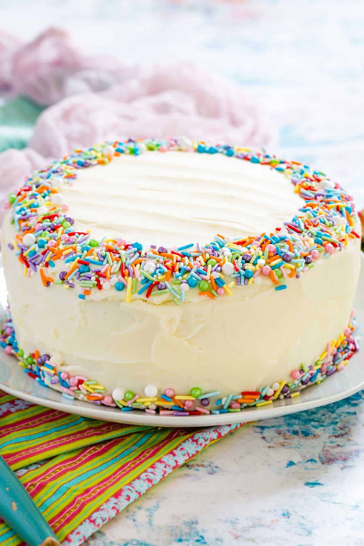 A frosted funfetti cake on a plate.