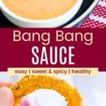 A bowl of bang bang sauce and an onion ring that has been dipped in the sauce.