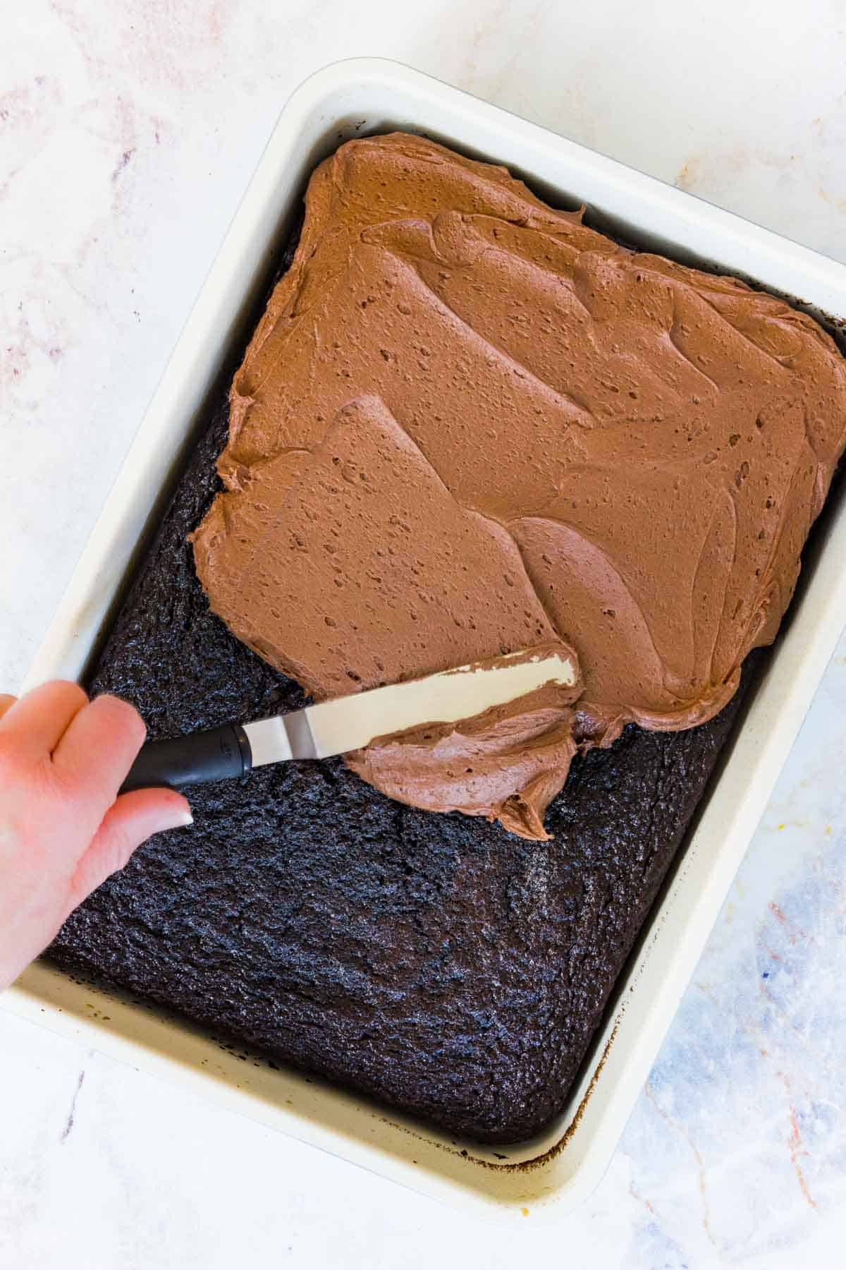 Chocolate frosting is spread over gluten-free chocolate cake in a rectangular baking pan.