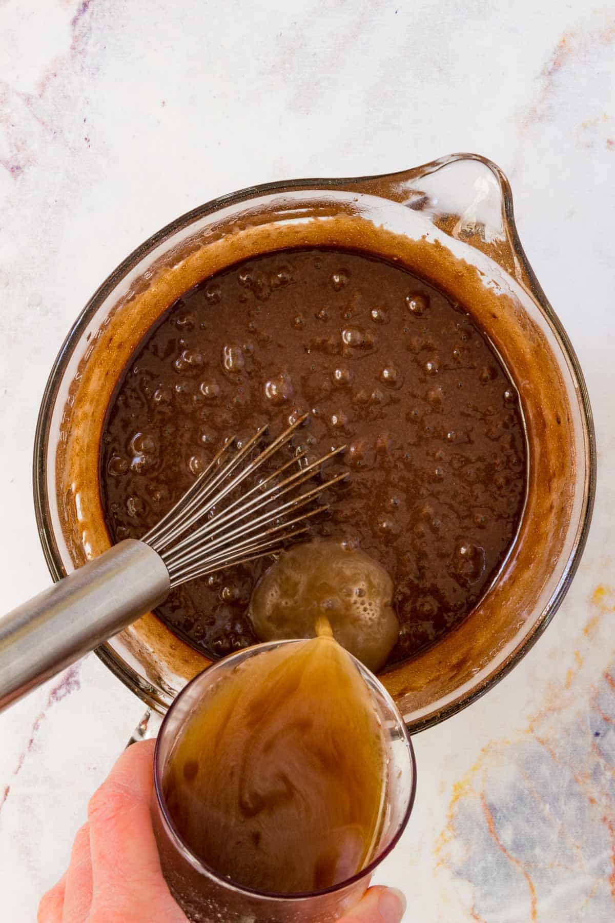 Instant coffee and is added into the chocolate cake batter.