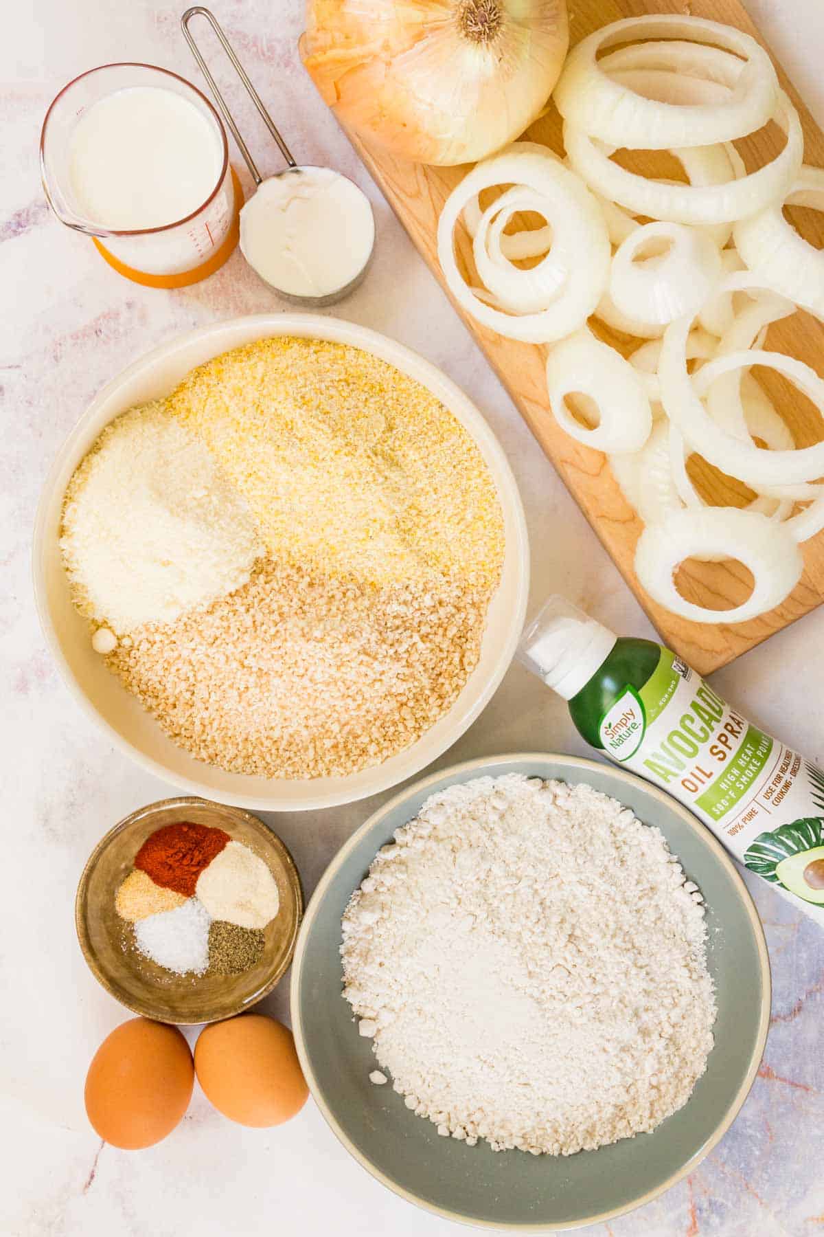 The ingredients for air fryer onion rings.