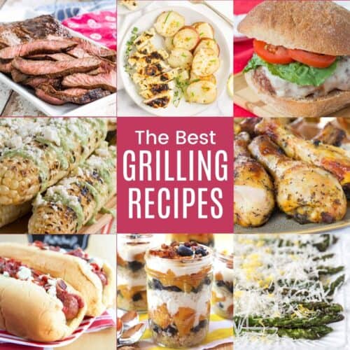 A collage of sliced flat iron steak, a hamburger, grilled corn, grilled chicken drumsticks and more grilling recipes.