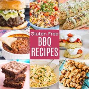 A collage with a hamburger, pasta salad, grilled corn, a strawberry shortcake, and more dishes to serve at a summer barbecue.