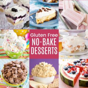Collage of no-bake desserts including banana cream pie, cookie dough dip, ice cream, popsicles, and more.