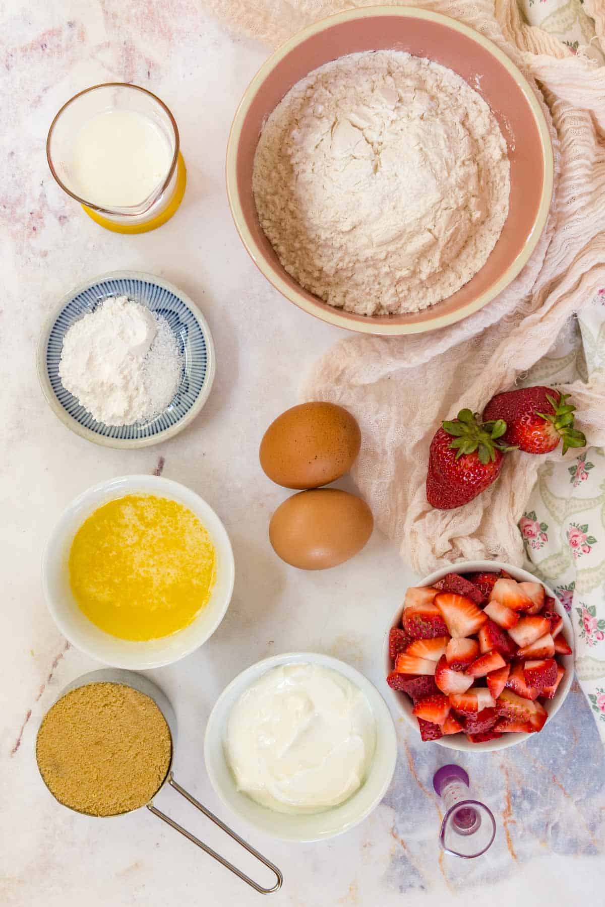 The ingredients for gluten free strawberry muffins.