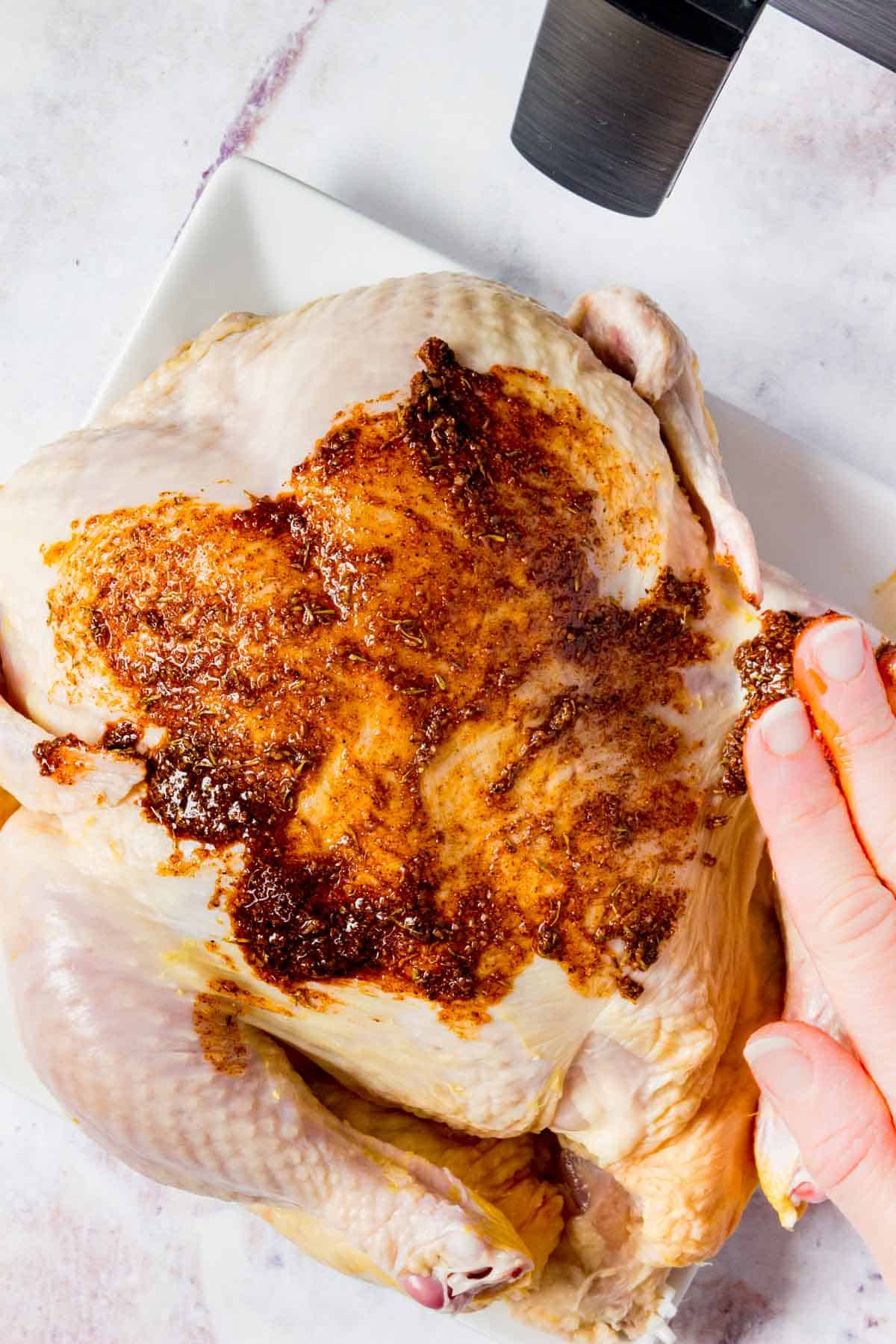 Chicken seasoning is rubbed over a whole raw chicken.