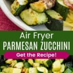 A fork in air fryer roasted zucchini served on a plate and more of it in an air fryer basket.