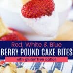 A toothpick with a strawberry, a cube of pound cake, and a blueberry and dipped in whipped cream.