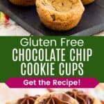 Unfilled chocolate chip cookie cups on a slate platter and more filled with chocolate frosting and piled on each other.