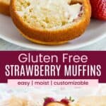 A strawberry muffin on a plate cut in half and smeared with butter and more muffins in a parchment-lined bowl.