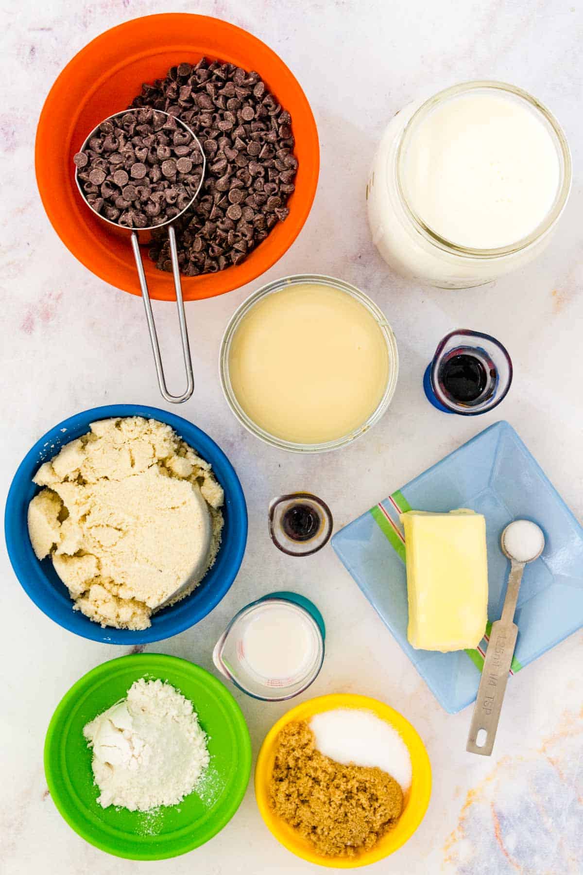 The ingredients for gluten free chocolate chip cookie dough ice cream.