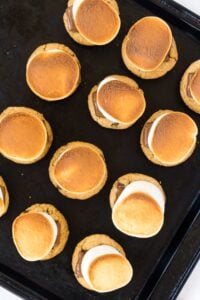 A top view of the perfectly toasted golden-brown marshmallows on top of chocolate chip cookies and melted chocolate squares