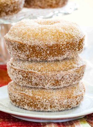 A stack of three gluten free apple cider donuts on a plate.