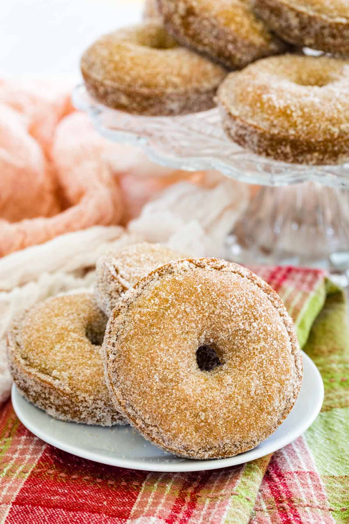 Two apple cider donuts on a white plate, with more donuts on a glass cake stand in the background.