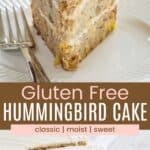 A piece of gluten free hummingbird cake on a plate and one slice being taken from the whole cake.