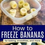 Frozen whole bananas on a baking sheet and in pieces in a storage container and plastic freezer bag.