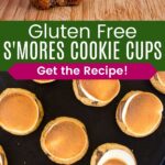 A half-eaten S'mores cookie cup on a napkin and the prepare cookies cups on a baking sheet.