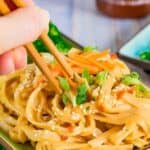Spicy Sesame Noodles with vegetables for garnish being picked up by a pair of chopsticks.