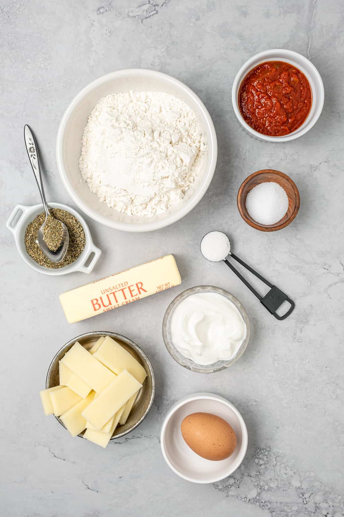 The ingredients for homemade air fryer gluten free pizza rolls.