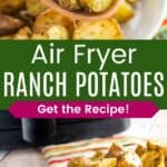 Ranch potatoes in a wooden spoon and a dish of them in front of an air fryer.