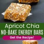 One apricot energy bar in front of a stack of three and another photo of three stacks of bars.