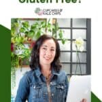 A smiling woman holding a laptop on a green and white background with text that says "Are Potatoes Gluten Free?"