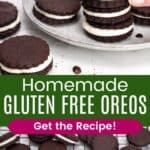 A hand picking up one of the gluten free oreos piled on a plate and more of the homemade chocolate sandwich cookies on a cooling rack.