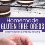 Gluten free oreos on a cooling rack and a hand placing the top cookie on the frosted bottom cookie.