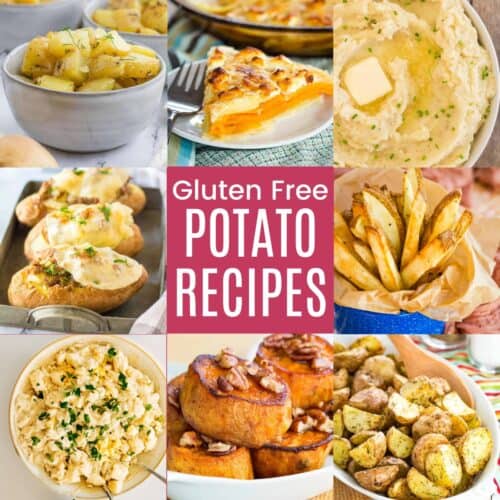A collage of various dishes made with potatoes with text that says "Gluten Free Potato Recipes" on a pink square.
