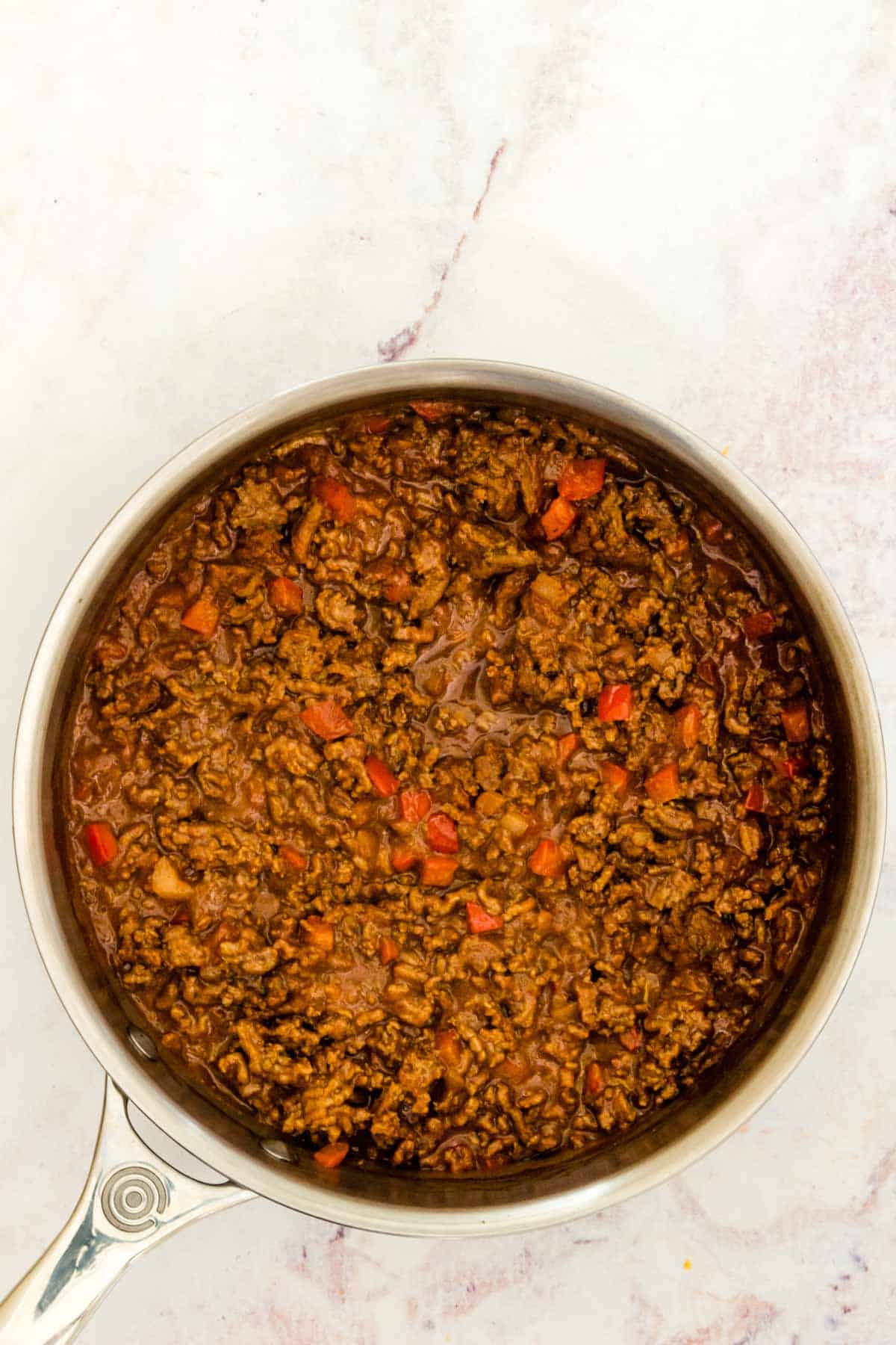 Top view of sloppy joe mixture in a skillet.