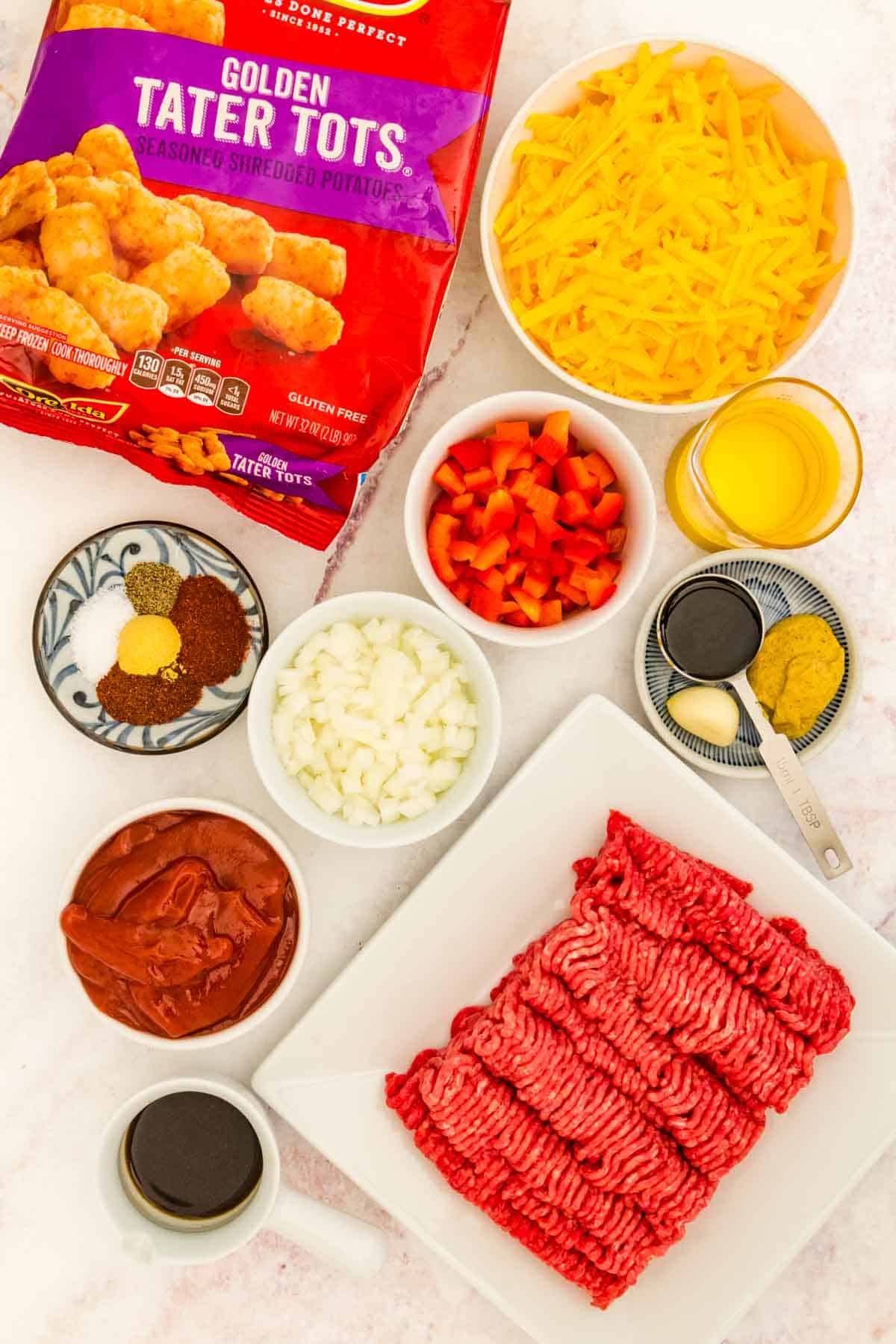 The ingredients for sloppy joe tater tot casserole.