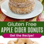 Three apple cider donuts stacked on a white plate and an entire batch on a glass cake stand with the images divided by a green rectangle with text that says "Gluten Free Apple Cider Donuts".