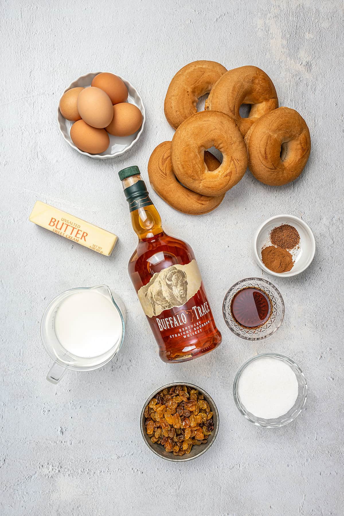 The ingredients for gluten-free bread pudding.