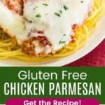 Two images of chicken parmesan served on a plate over pasta and in a casserole dish divided by a solid color block with text overlay.