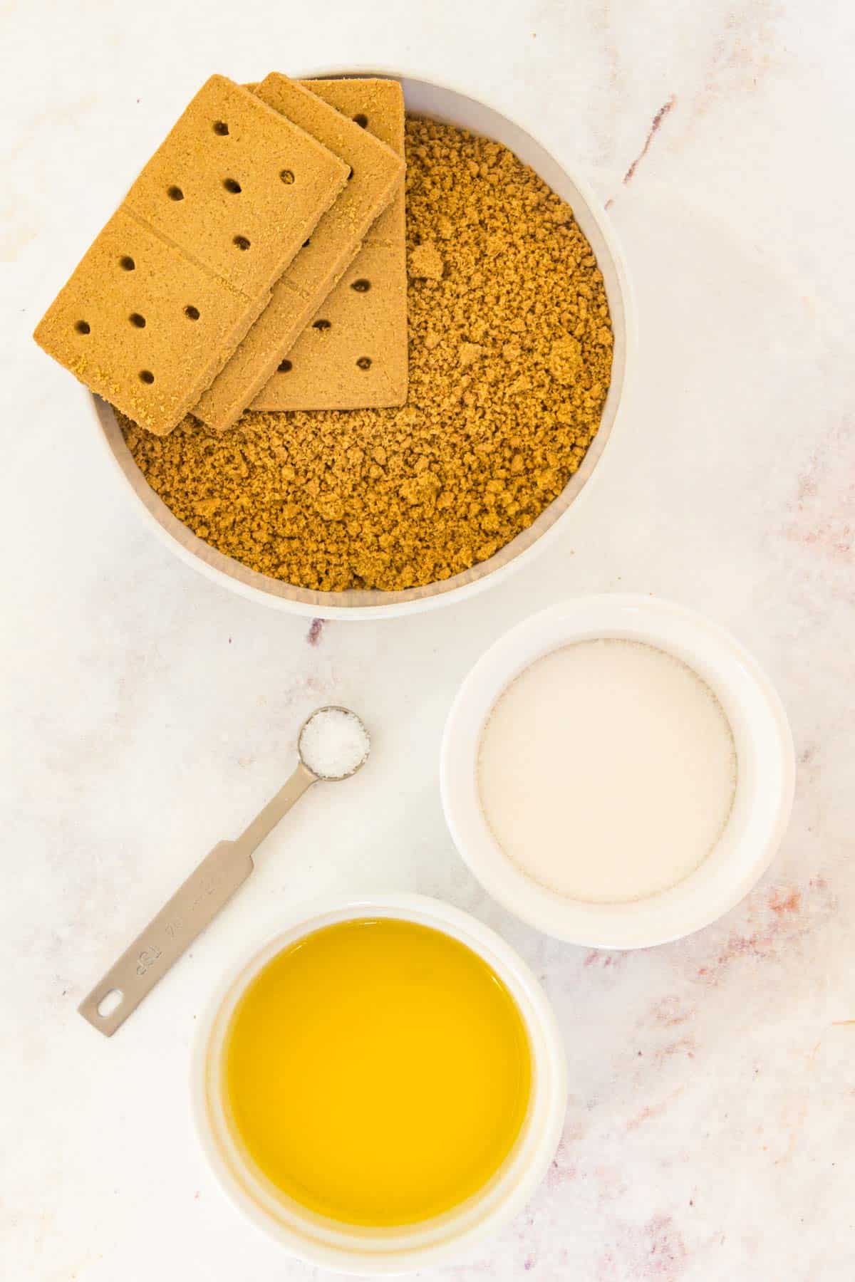 The ingredients for homemade gluten-free graham cracker crust.