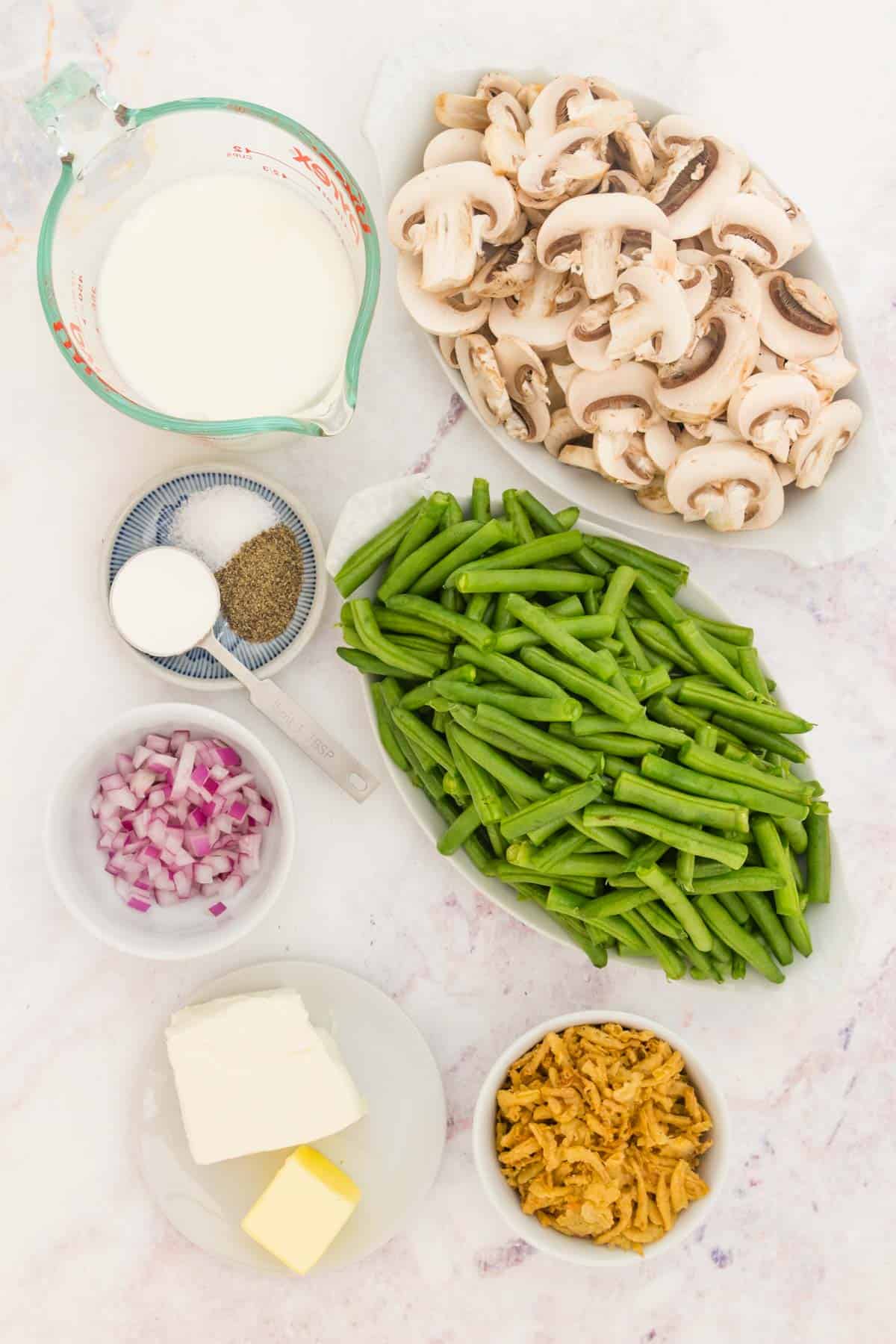 The ingredients for gluten-free green bean casserole.