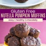 Three Nutella Pumpkin Muffins on a small white place and more filling a bowl with the images separated by a solid color block with recipe title text overlay.