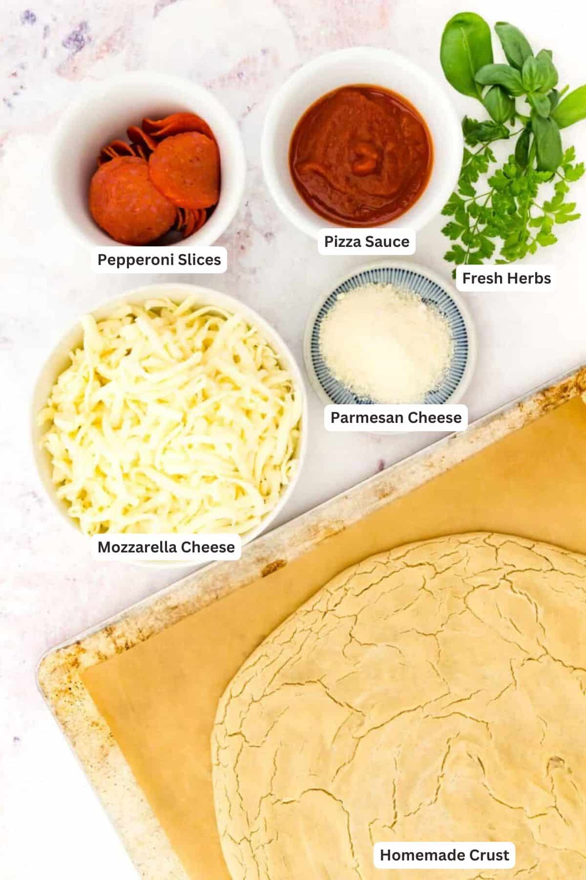 Ingredients for Gluten Free Pepperoni Pizza.
