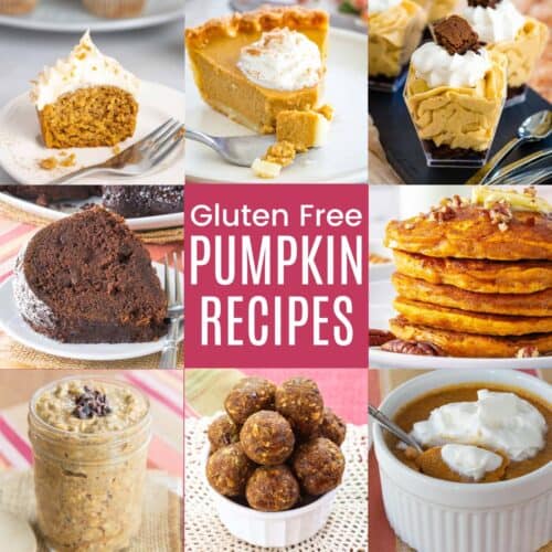 A collage of square photos of various pumpkin recipes such as cupcakes, pie, and more with a pink square in the middle with white text that says "Gluten Free Pumpkin Recipes"