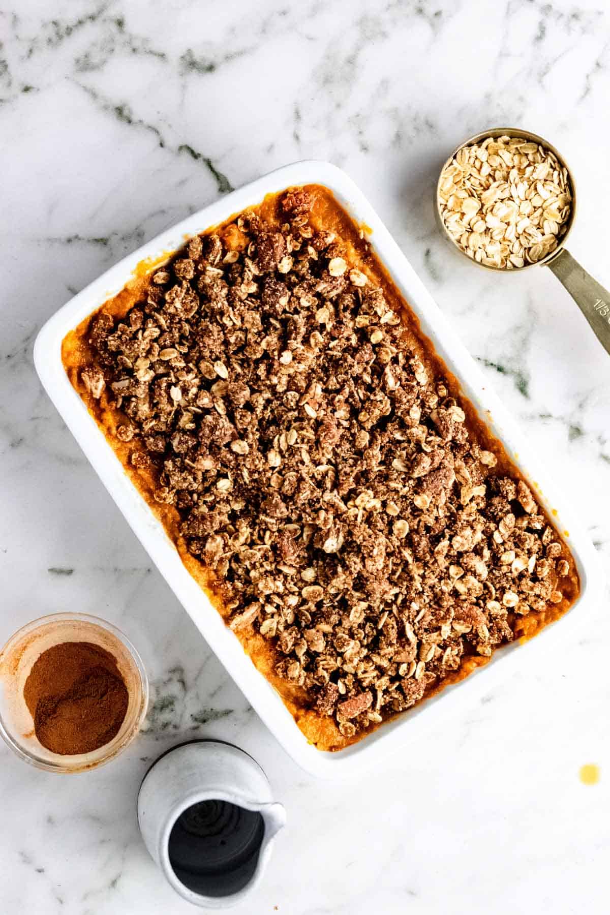 Overhead view of a finished sweet potato casserole.