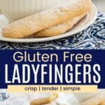 Photos of two gluten free ladyfingers on a saucer with a cup of coffee and more of them piled on an oval dish divided by a blue block with text overlay.