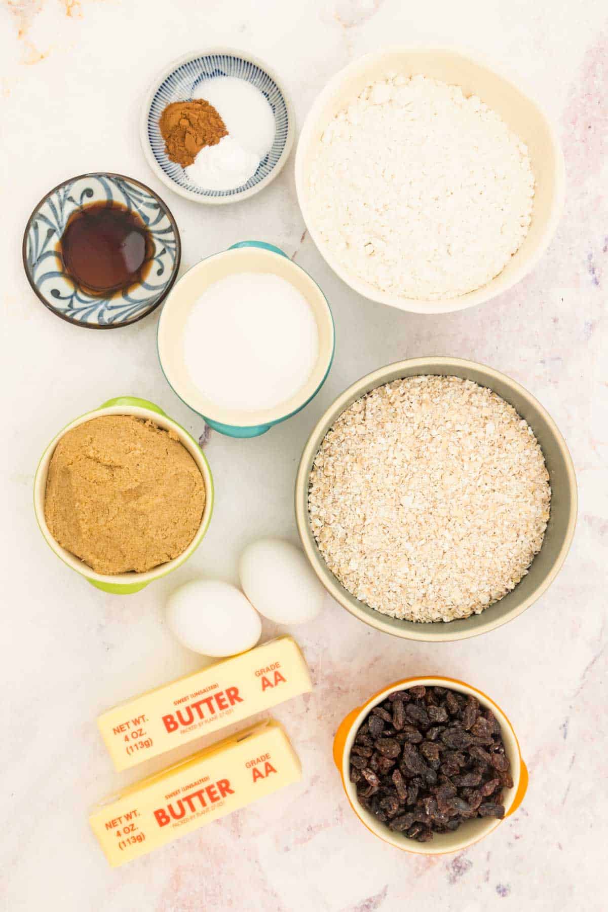 The ingredients for gluten free oatmeal raisin cookies.