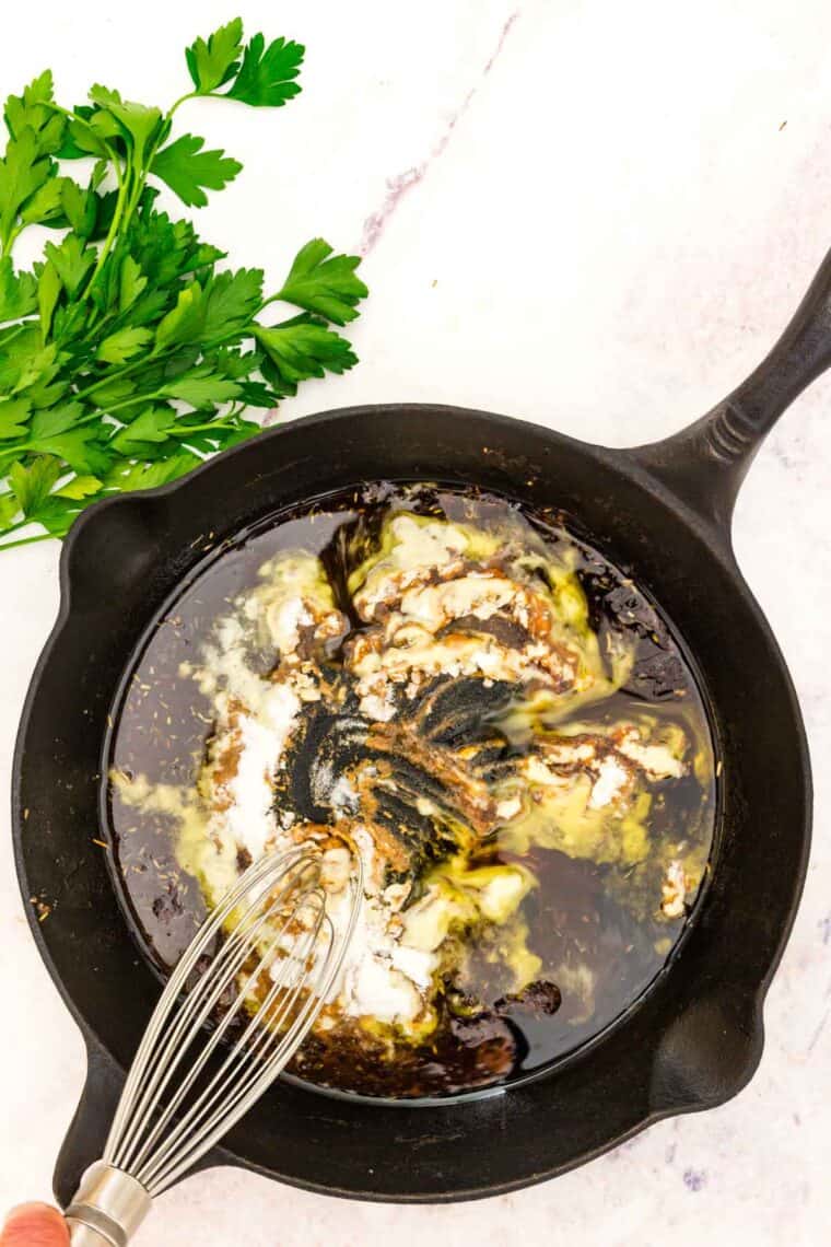 Rice flour is whisked into a skillet with beef fat to make a homemade gravy.