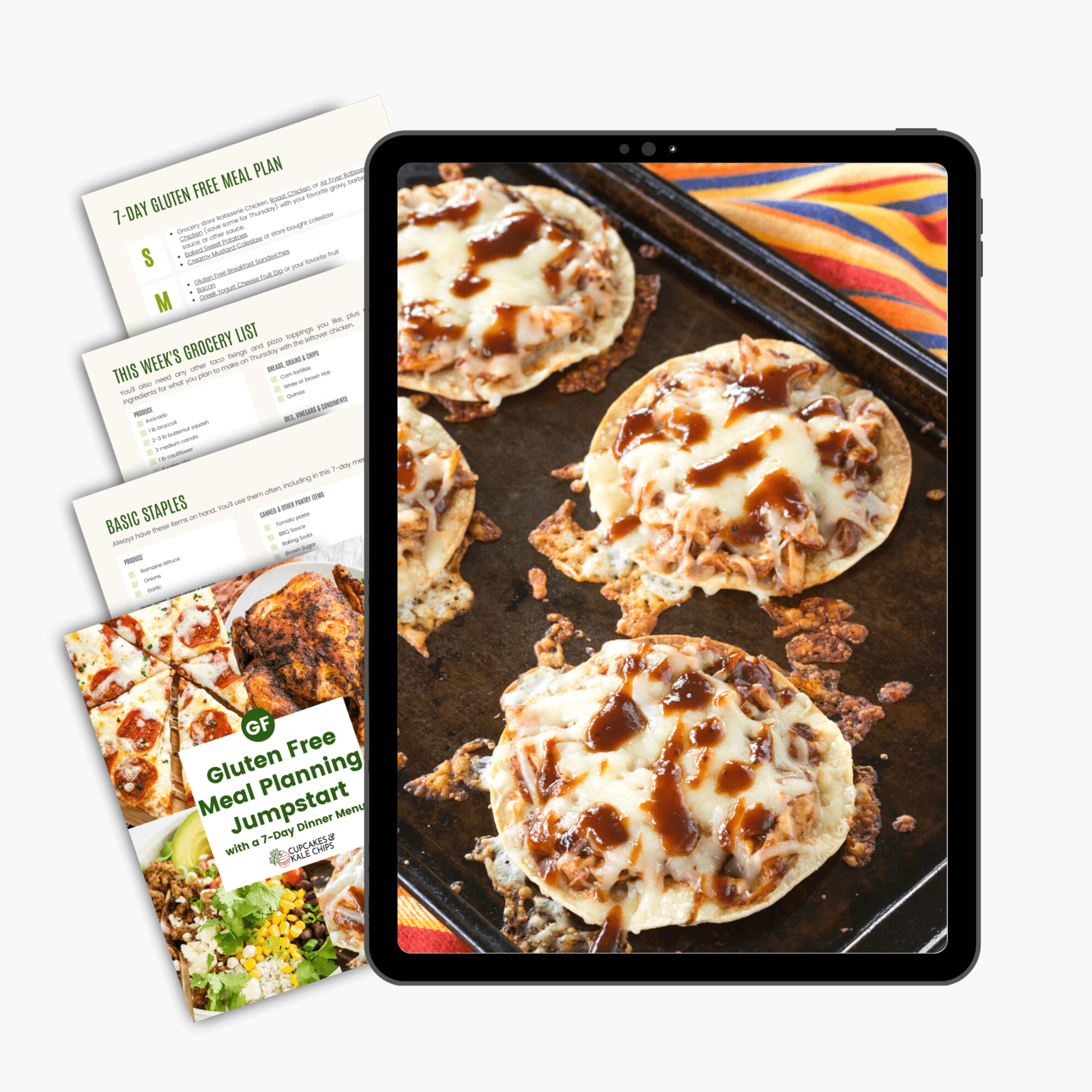 barbecue chicken tostadas on an ipad screen with pages from an eBook behind it.