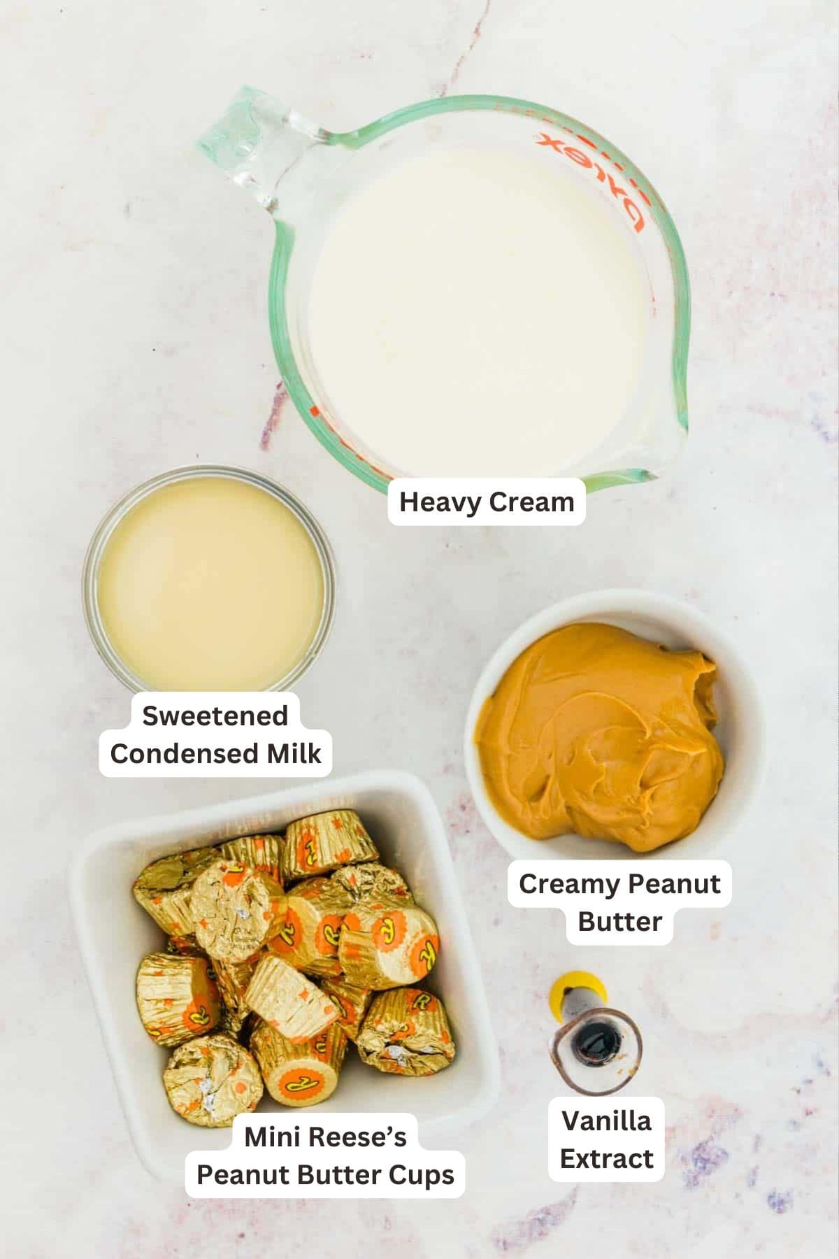 Creamy No-Churn Reese’s Ice Cream is a simple, peanut butter-filled frozen dessert that anyone can make at home. No ice cream maker needed! Ingredients for No-Churn Reese’s Ice Cream.