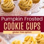 Several pumpkin frosted chocolate chip cookie cups on a glass cake stand and three on a small tray divided by a solid maroon block with text overlay.