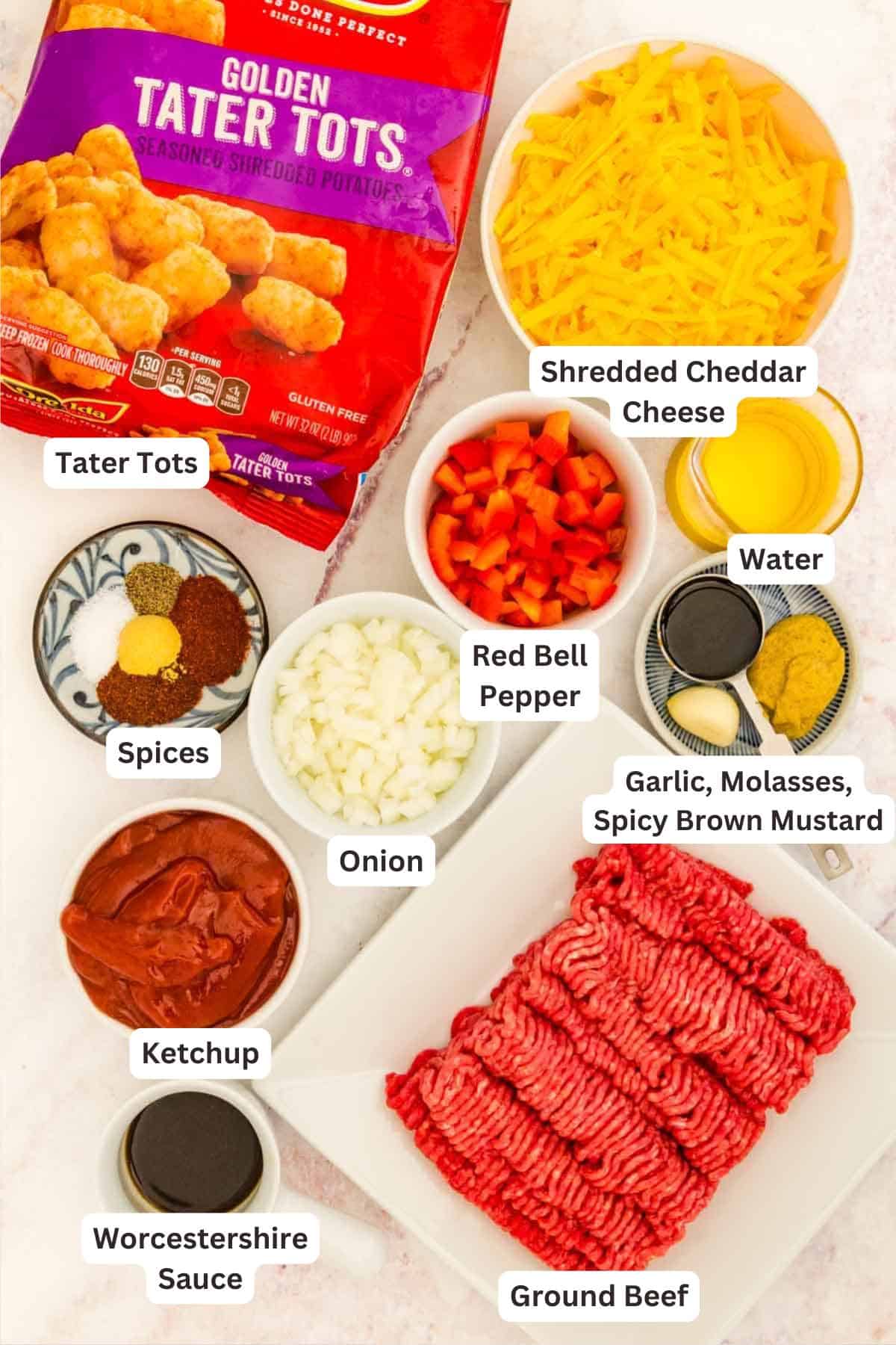 Ingredients for Sloppy Joe Tater Tot Casserole.