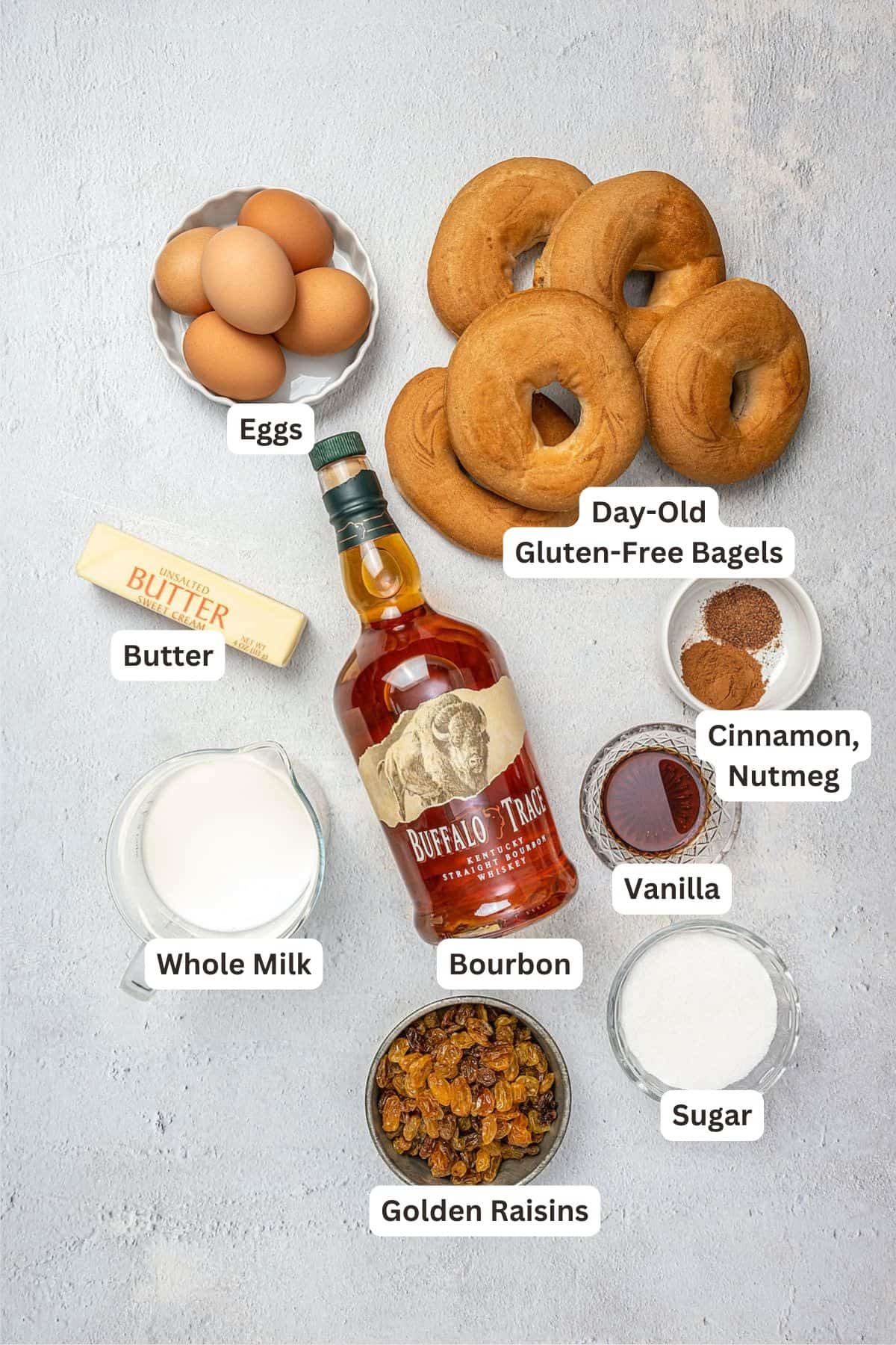 Ingredients for Gluten Free Bread Pudding.